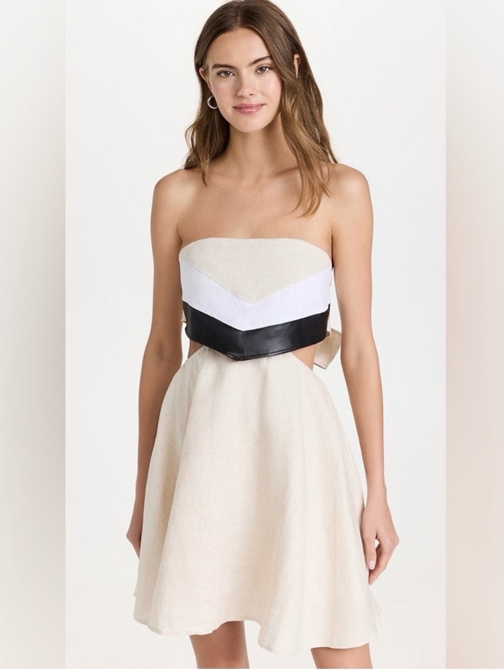 STAUD Lourdes Linen Blend Cutout Strapless Mini Dress Natural Black White